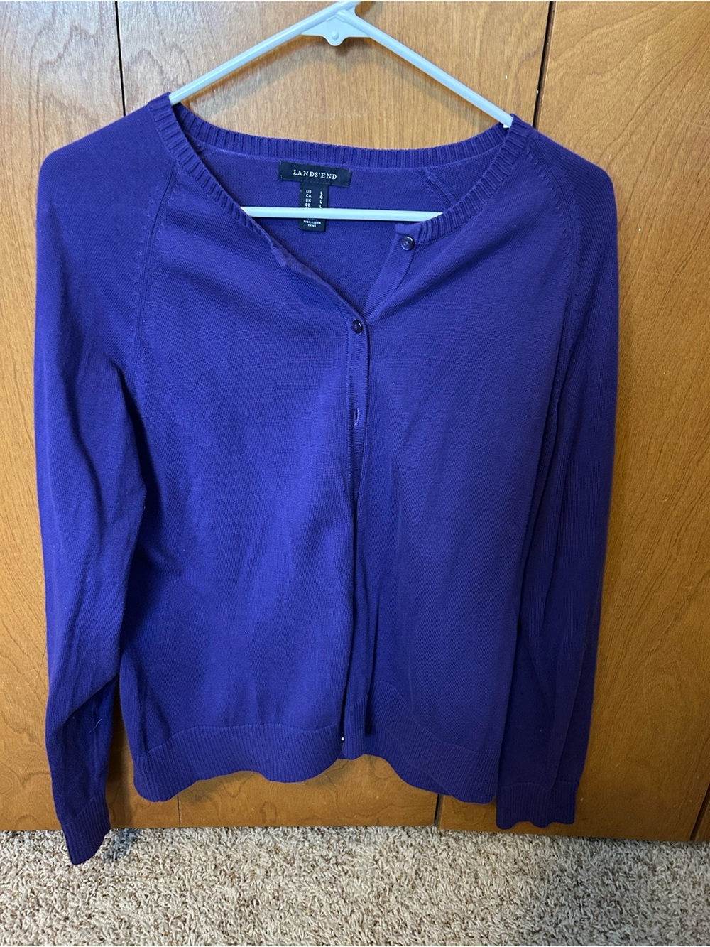 Lands' End Women's Purple Button-Front Crewneck Cardigan